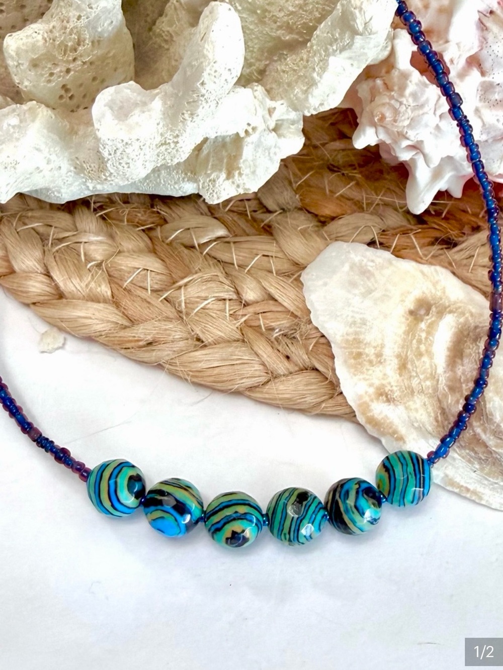 Blue& Turquoise Peacock Swirl Boho Beaded Necklace